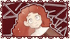 A stamp of someone with red hair against a dark, shattering bacground.